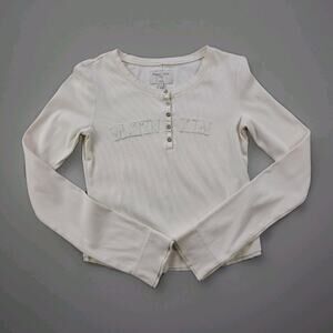 Matin Kim Applique Logo Henley Top Sweater Size M White Long Sleeve K-Pop Korea